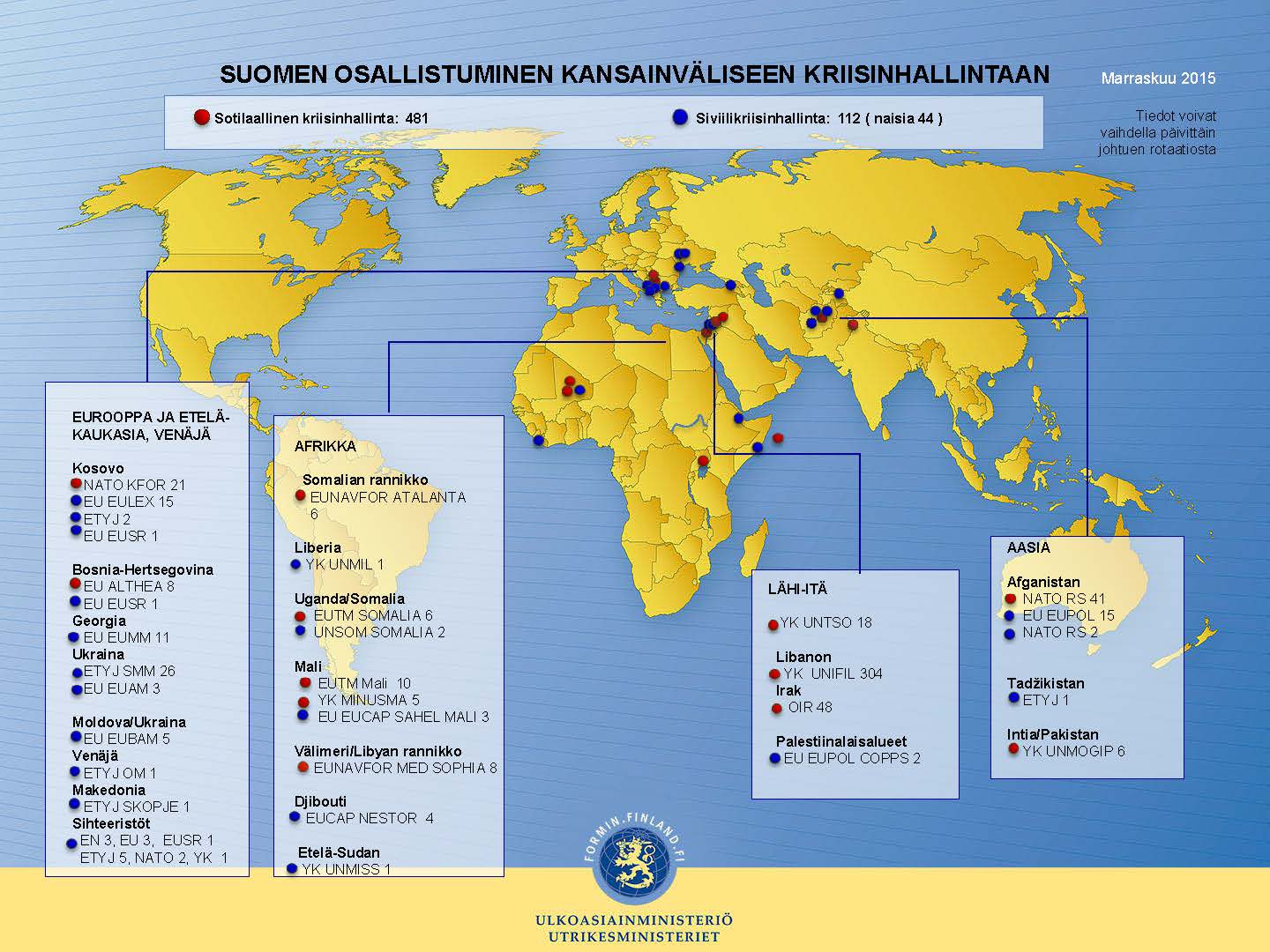 13 Kriisinhallinta Hallitusohjelman mukaisesti Suomi on jatkanut aktiivista osallistumistaan kansainväliseen kriisinhallintaan.