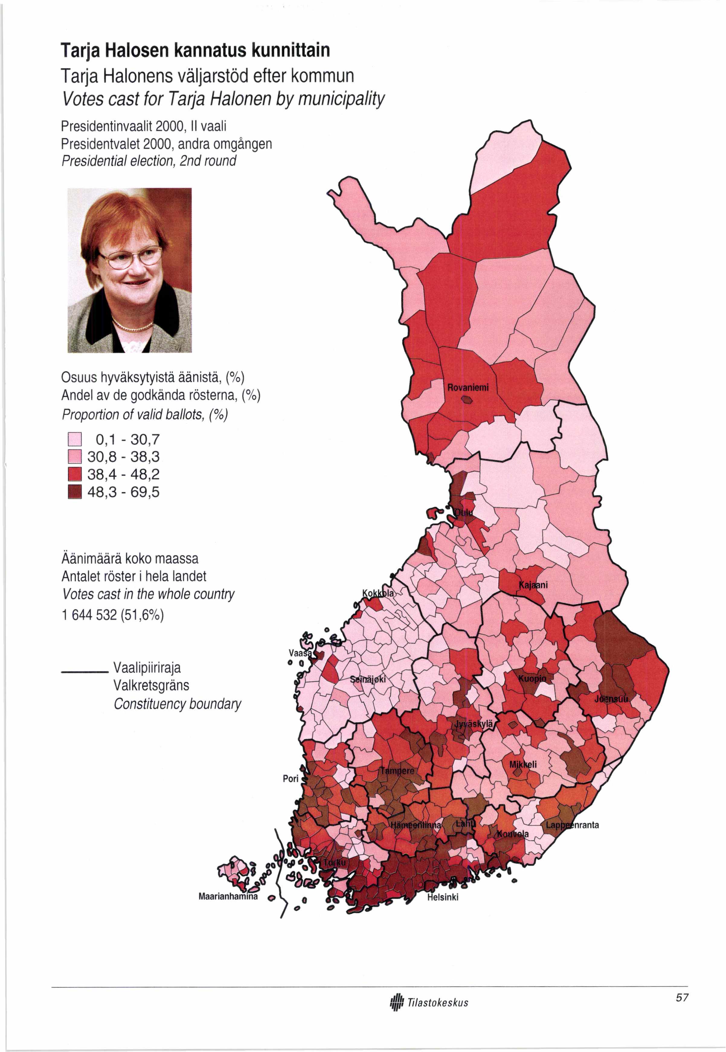Tarja Halosen kannatus kunnittain Tarja Halonens väljarstöd efter kommun Votes cast for Tarja Halonen by