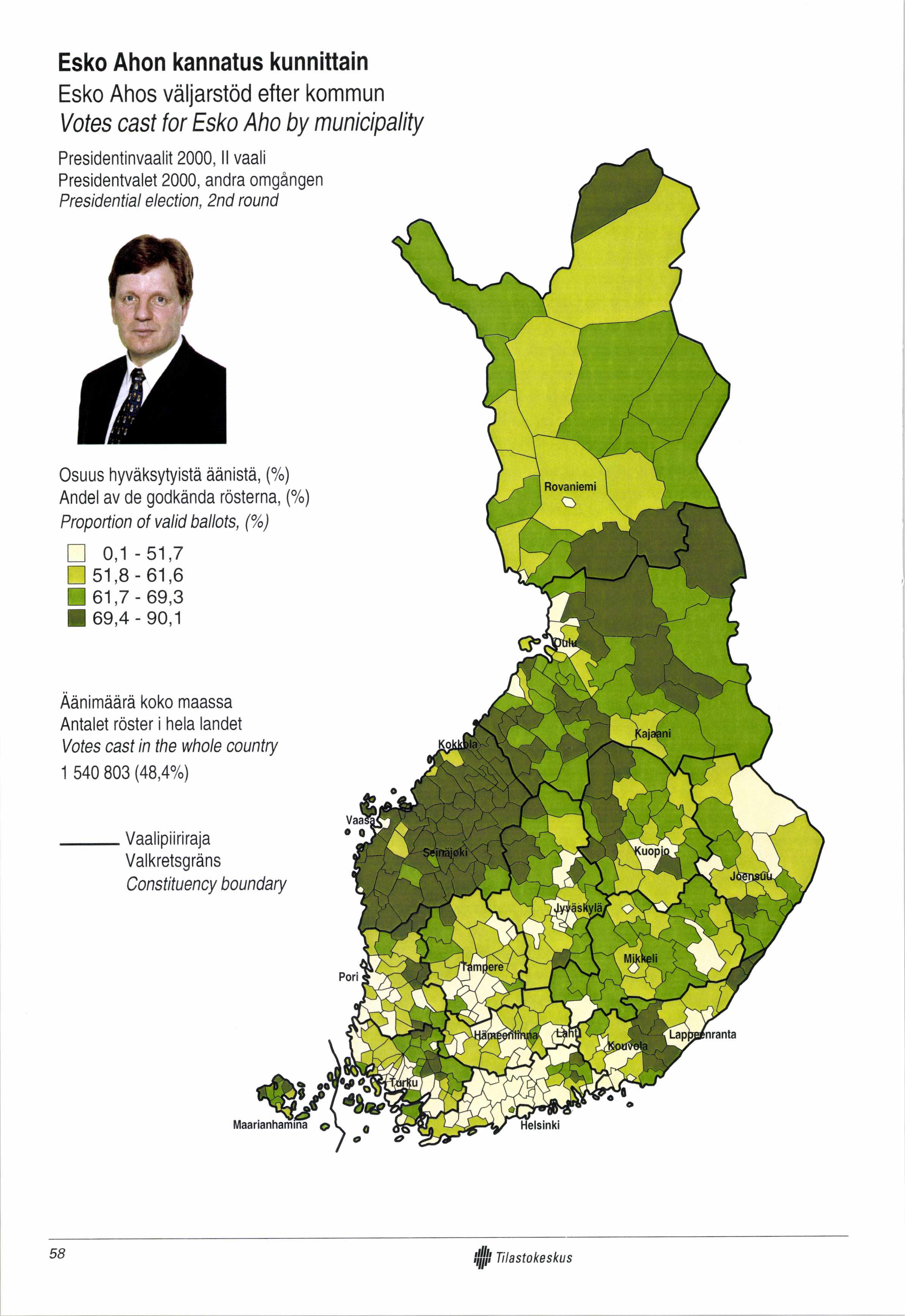 Esko Ahon kannatus kunnittain Esko Ahos väljarstöd efter kommun Votes cast for Esko Aho by
