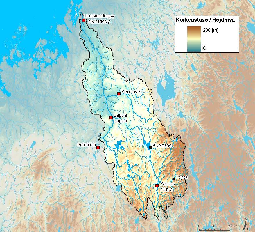 Kuva 7. Korkeussuhteet Lapuanjoen vesistöalueella (Korkeusmalli, ruutukoko 25 m). ( SYKE, Alueelliset ELY-keskukset; topografia Maanmittauslaitos lupa nro 7/MML/08) 2.