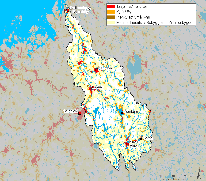 Kuva 11. Yhdyskuntarakenne Lapuanjoen vesistöalueella.