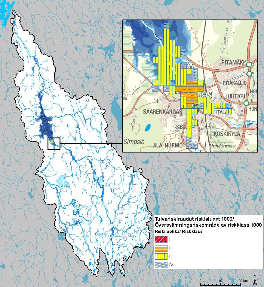 Kuva 28. Karkean tason tulva-alueella (1/1000 a) olevat tulvariskiruutualueet Lapuanjoen vesistöalueella.