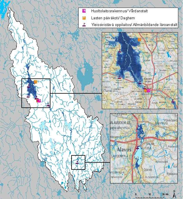 Kuva 30. Karkean tason tulva-alueen (1/1000 a) alle jäävät vaikeasti evakuoitavat kohteet Lapuanjoen vesistöalueella. ( SYKE, ELY-keskukset; VTJ/VRK 4/2008) 6.