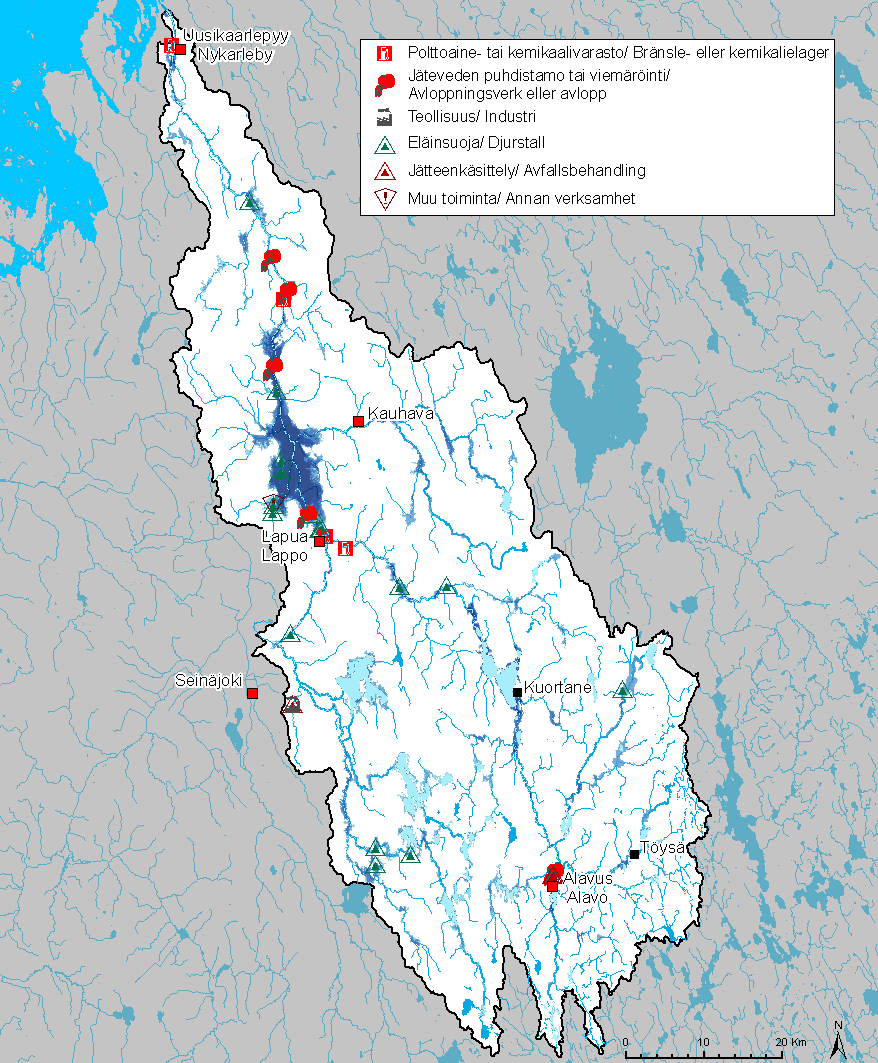 Kuva 31. Kohteet, jotka voivat aiheuttaa tulvatilanteessa ympäristön äkillistä pilaantumista.