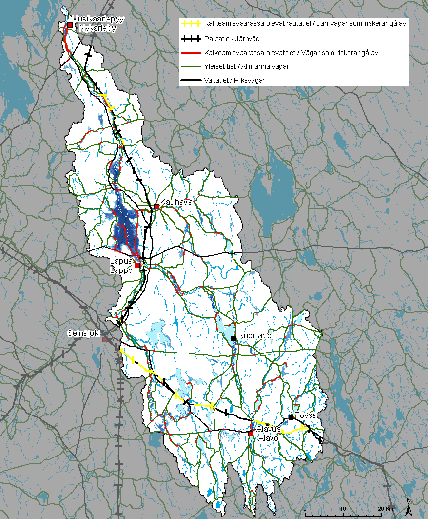 Kuva 33. Tiestön pääväylät ja rautatiet sekä niiden mahdolliset katkeamiskohdat Lapuanjoen vesistöalueella.