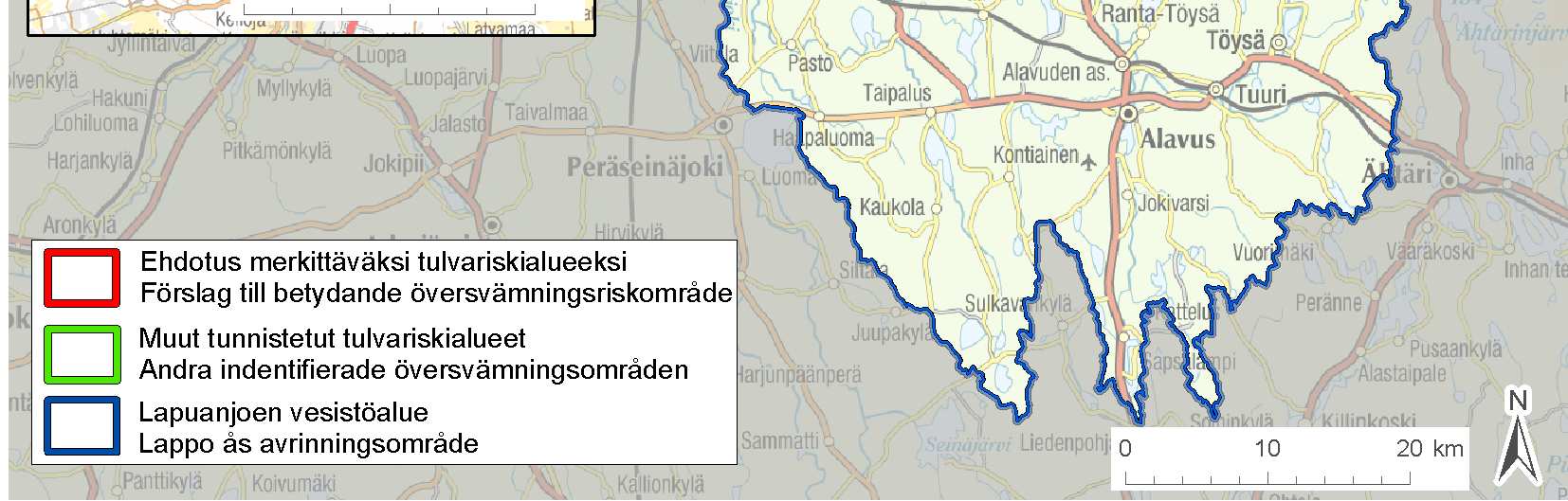 Merkittävien tulvariskialueiden lisäksi Lapuanjoen vesistöalueelta nousi tarkasteluissa erityisesti esille Uudenkaarlepyyn taajama (kuva 36) muuksi tulvariskialueeksi.