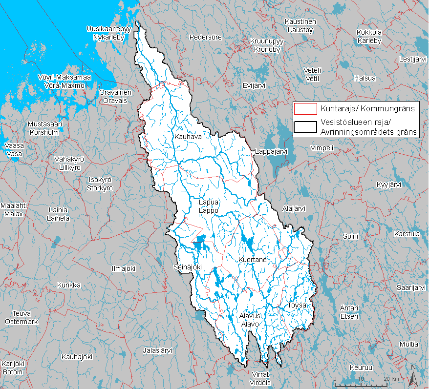 Kuva 4. Lapuanjoen vesistöalue ja alueen kunnat. ( SYKE; kuntarajat @ Genimap Oy Lupa L4659/02) Taulukko 1.