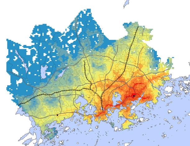 Esimerkki visualisointi Itäkeskukseen joukkoliikenteellä vuoden 2013 matka-aikojen perusteella Extra: Jos tahtoa, aikaa ja kiinnostusta riittää, niin voit tarkastella kauppakeskusten saavuttamien