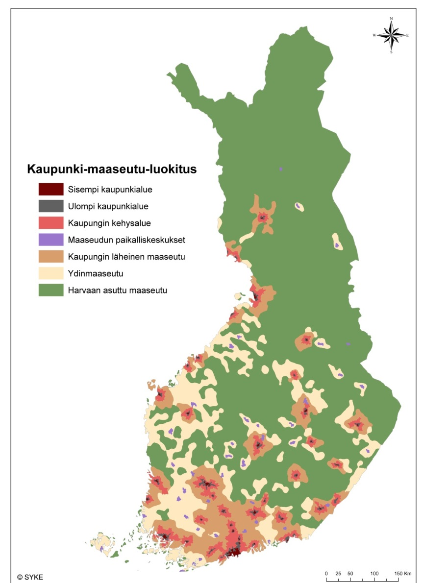 Kaupunki-maaseutuluokitus Helpottaa erilaisten alueiden tunnistamista kuntarajoista riippumattomalla aluerajauksella Luokituksen käyttö: Kartta Tilastoinnin alueluokituksena Tutkimusten muuttujana