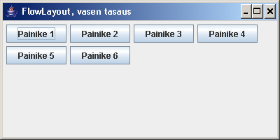 FlowLayout settitle("flowlayout"); paneeli = new JPanel(new FlowLayout()); for (int i = 0; i<=5; i++) { } paneeli.