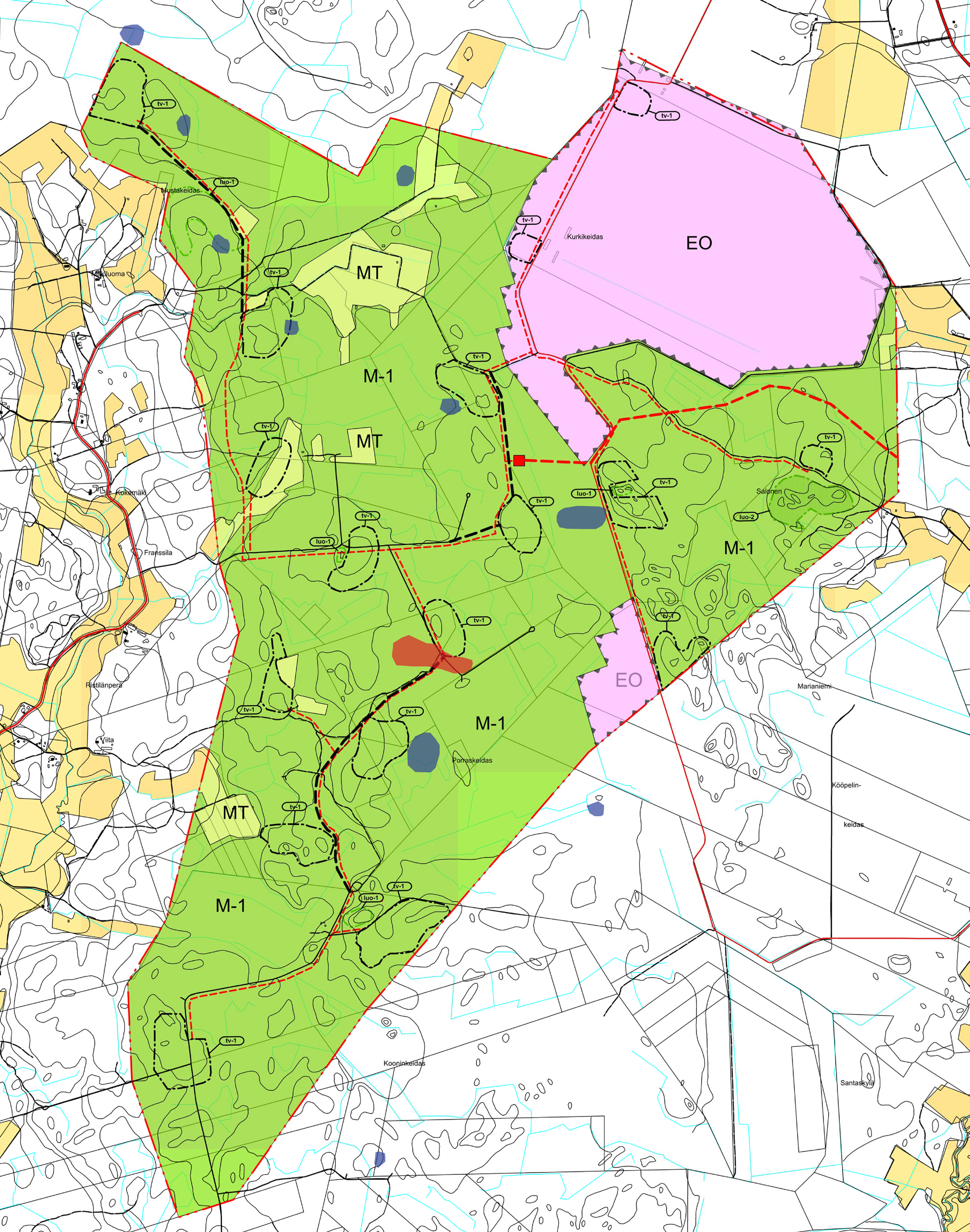 Kuva 4. Soidinalue (punainen) ja alueet, joissa oli jälkiä ja ulosteita (sininen).