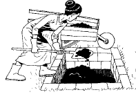 Kompostoiva kuoppakäymälä (composting latrine) Kuvat: Hesperian Foundation saadaan hyödyllistä maanparannusainetta ja lannoitetta, voidaan käyttää alueilla, joilla pohjavesi korkealla tai kuoppa
