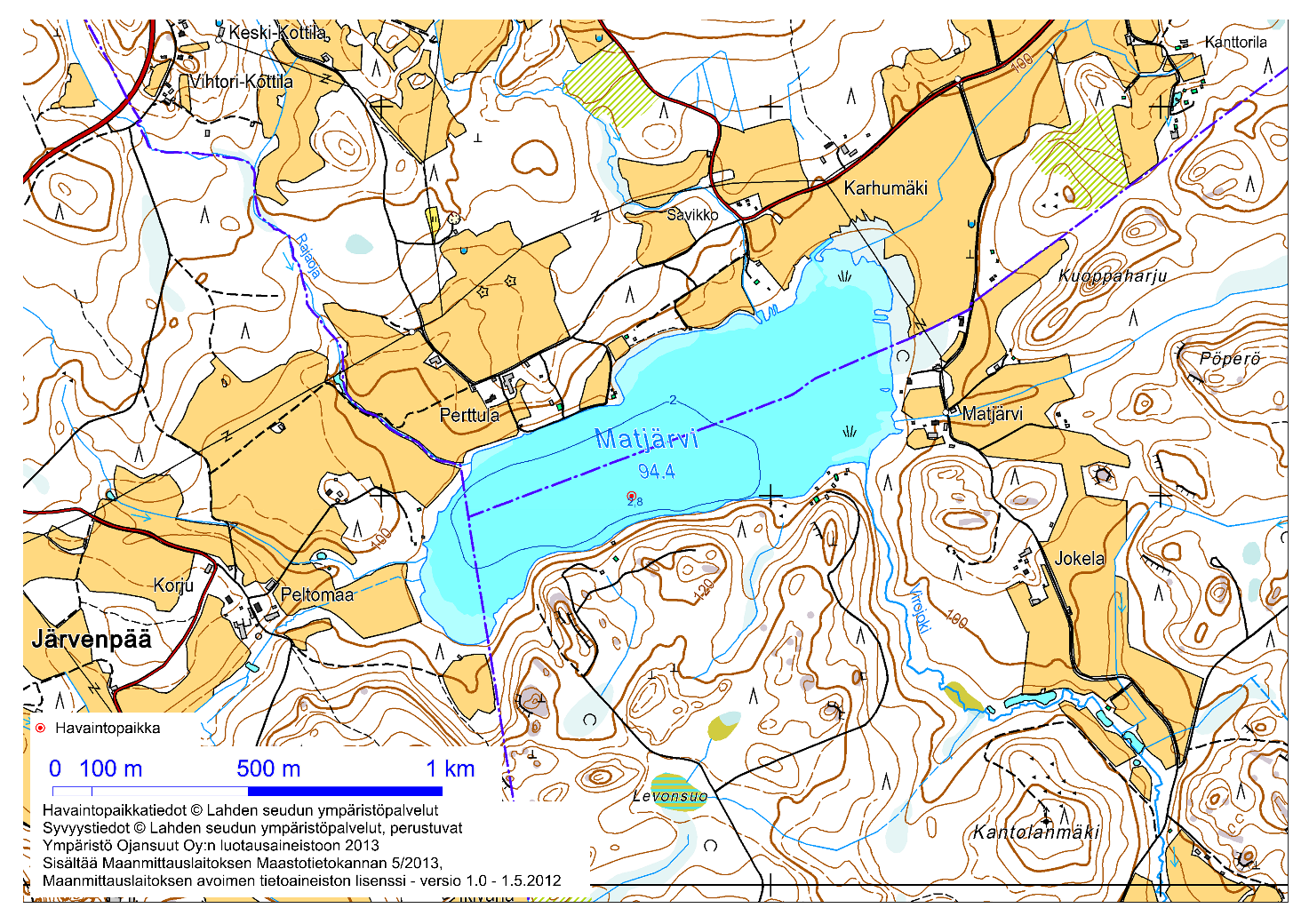 13 2.3 Matjärvi Järvityyppi Ekologinen tila Vesipinta-ala Valuma-alueen pinta-ala Suurin syvyys Keskisyvyys Viipymä 0,474 km2 12,5 km2 2,8 - Kuva 16. Matjärven kartta ja syvyyskäyrät.