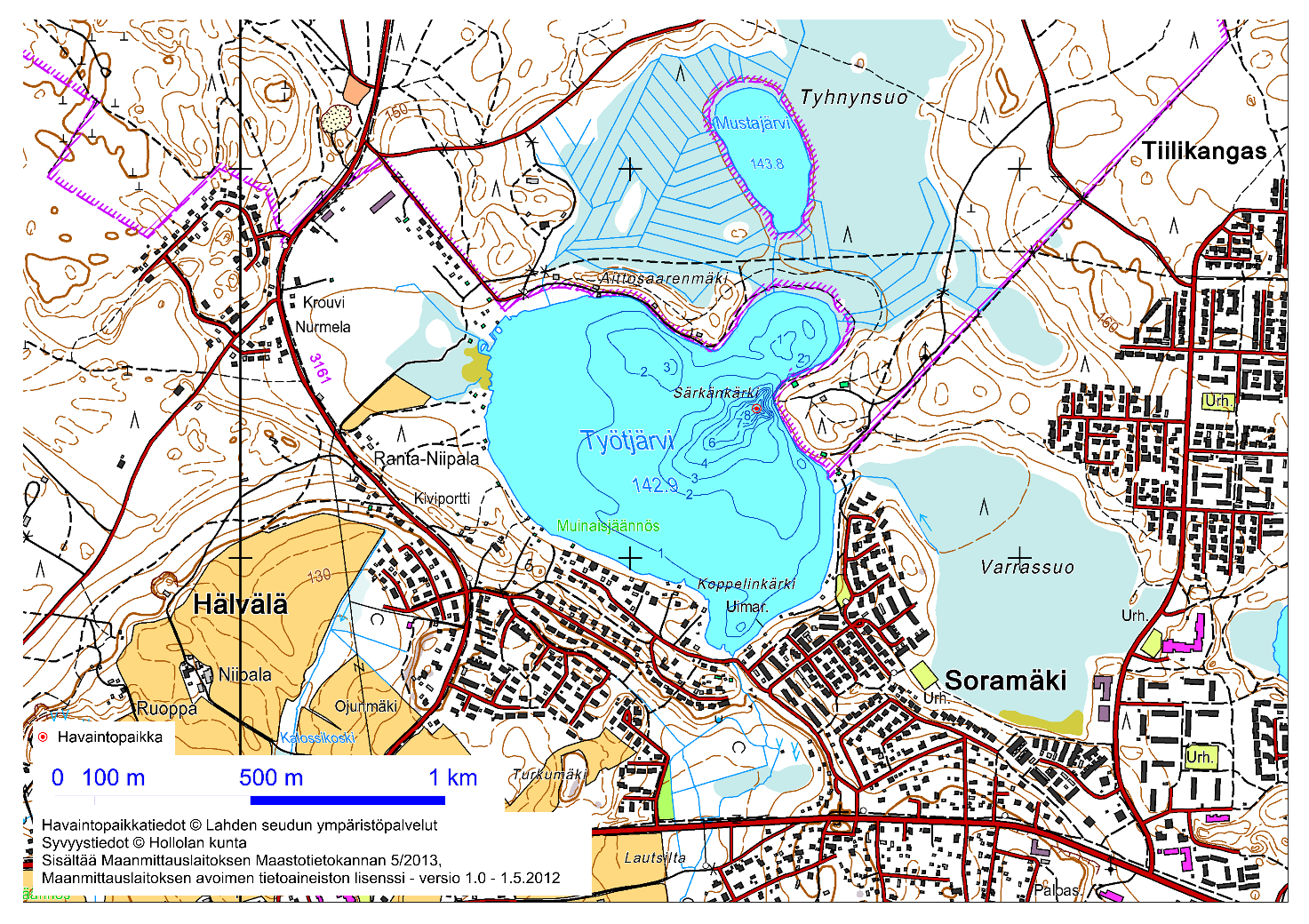 18 2.4 Työtjärvi Järvityyppi Ekologinen tila Vesipinta-ala Valuma-alueen pinta-ala Suurin syvyys Keskisyvyys Viipymä 0,56 km2 5 km2 8m 1,5 m 7 kk Kuva 24. Työtjärven kartta ja järven syvyyskäyrät.