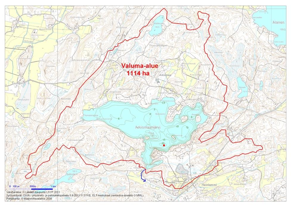 5 Kuva 2. Arkiomaanjärven kartta ja järven valuma-alue. Arkiomaanjärvi kuuluu pintavesityyppiin Pienet ja keskikokoiset vähähumuksiset järvet (Vh).