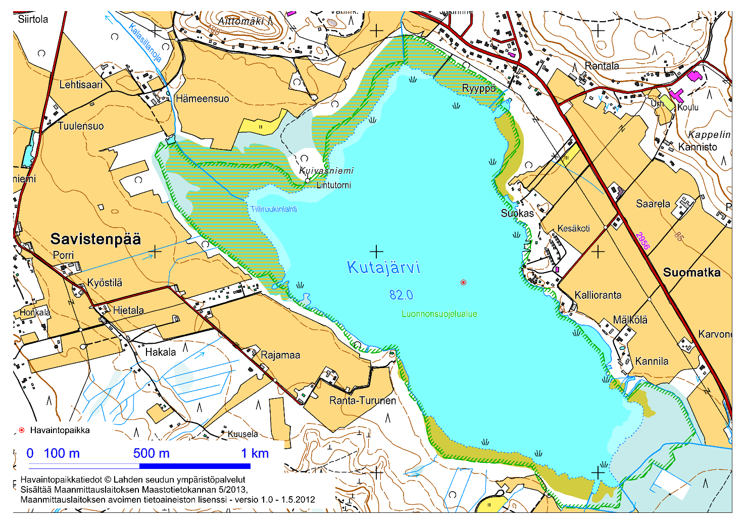 9 2.2 Kutajärvi Järvityyppi Matalat humusjärvet (Mh) Ekologinen tila Tyydyttävä Vesipinta-ala 1,6 km 2 Valuma-alueen pinta-ala 13 km 2 Suurin syvyys 1,3 m Keskisyvyys m Viipymä kk Kuva 9.