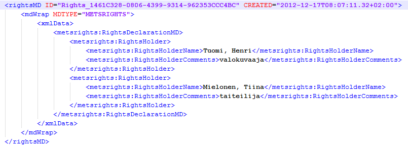 Käyttöoikeuksiin liittyvä metatieto Hallinnollinen metatieto <amdsec> <rightsmd> <mdwrap> <xmldata> METS