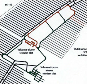 56 ksännessä louhintavaiheessa 3/2104-1/2106 louhittavat sijoitustunne1ft - VALVONTA-ALUE - VALVOMATON ALUE - SUUETTU SIJOITUS- TAI KESKUSTUNNELI Kuva 6-28.