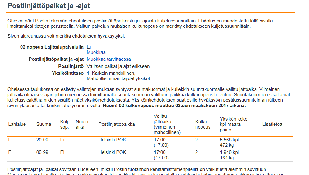 Postiinjättöpaikat ja ajat, tietojen hakeminen ) Postiinjättopaikat ja ajat suunnitelmaa ei voi hakea ennen kuin olet täyttänyt kaikki postitukseen liittyvät kohdat.