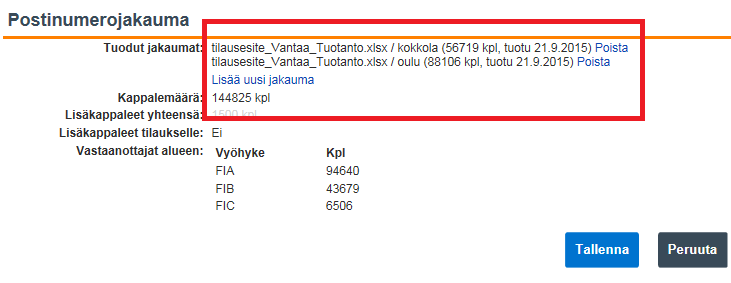 Postinumerojakauma / osoitteettomat lehdet ) Tässä kohdassa näkyy tilauksen yhteydessä postitettavaan lähetyserään liitetty postinumerojakauma eli mille postinumeroille jakelu kohdistuu ja paljonko