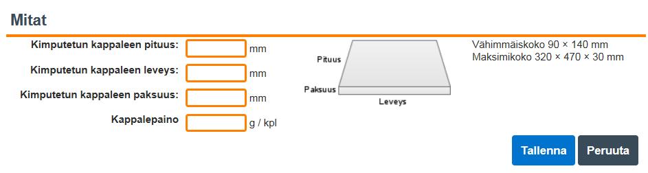 ) Klikkaamalla Lisää tai muokkaa tietoja - linkkiä pääset ilmoittamaan jaettavaksi tulevan lähetyksen mitat, paksuuden ja kappalepainon.