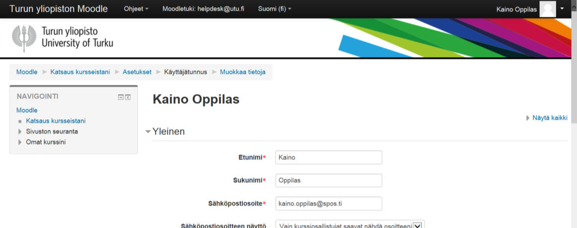 4. OMAN PROFIILIN MUOKKAAMINEN Löydät oman profiilisi Moodlessa sivujen oikeasta yläkulmasta klikkaamalla omaa nimeäsi ja sitten Käyttäjätiedot.(Pääset profiilisi myös mm.