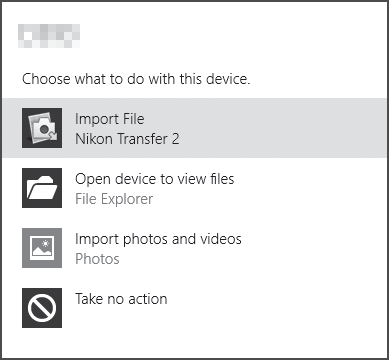 Jos näytölle tulee viesti, joka kehottaa sinua valitsemaan ohjelman, valitse Nikon Transfer 2.