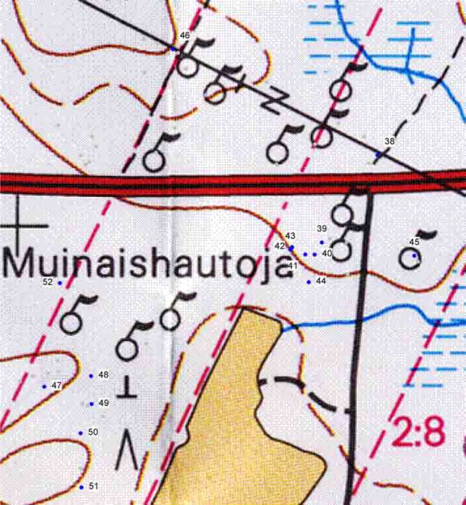 Ulvila Kaasmarkku Pikatienvarsi Muinaisjäännösrekisteri numero 886010011 GPS:llä mitatut epävarmat muinaisjäännökset ja niiden numero merkitty sinisellä.