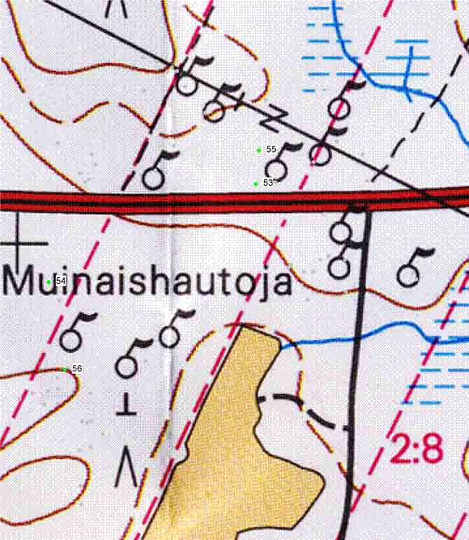 Ulvila Kaasmarkku Pikatienvarsi Muinaisjäännösrekisteri numero 886010011 GPS:llä mitatut muut ihmistekoiset kivirakenteet ja niiden numero merkitty vihreällä.