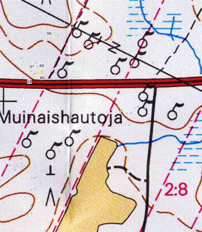 Ulvila Kaasmarkku Pikatienvarsi Muinaisjäännösrekisteri numero 886010011 GPS:llä mitatut muut luonnonmuodot ja niiden numero on merkitty keltaisella.