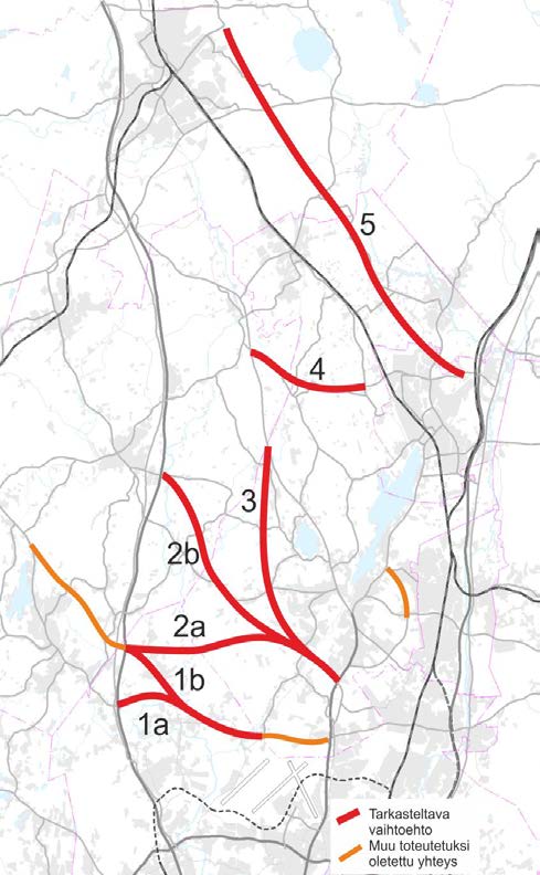 Keski-Uudenmaan poikittaisen tieyhteyden selvitettävät vaihtoehdot 1a: Kehä IV 1b: Kehä IV pohjoinen linjaus Klaukkalan ohikulkutien liittymään 2a: Hyrylän tason yhteys