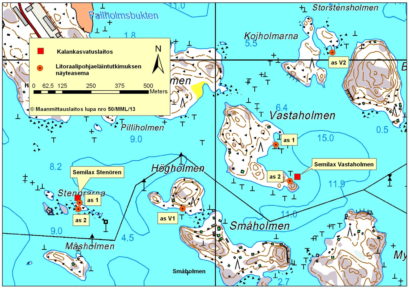 Kuva 4. Vuonna 2011 tehdyn litoraalipohjaeläintutkimuksen näyteasemat Semilaxin Vastaholmenin (as1 ja as2) ja Stenörenin (as 1 ja as2) laitosten lähialueilla ja vertailuasemat V1 ja V2.