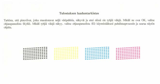 . 7 Tulostuslun trkistminen Kun vlmistelutoimenpiteet on suoritettu, nestekienäytössä on tämä viesti Nestekienäytössä kysytään, onko mustn j väritulostuksen ltu OK. Pin Kyllä ti Ei. Must OK?