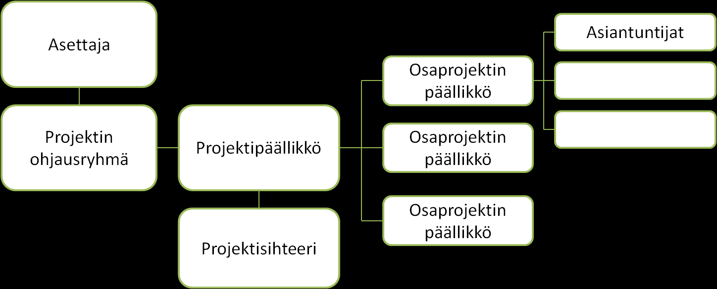 12 Kuvio 1 Hierarkkinen projektiorganisaatio (Pelin 2008, 68.) Jokaisella projektiorganisaation jäsenellä on oma roolinsa projektissa.