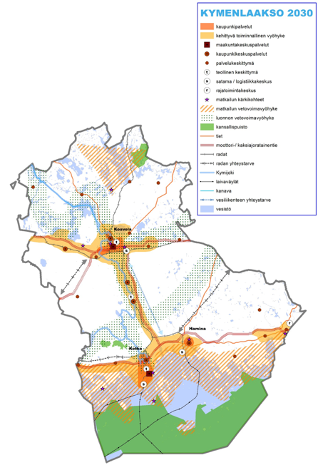 Kymenlaakso-ohjelmassa asetetaan aluerakenteen tavoitteiksi seuraavaa: Ekotehokkaan ja eheän yhdyskuntarakenteen kehittäminen Kymenlaakson aluerakenne tukeutuu nyt ja tulevaisuudessa Kotkan ja