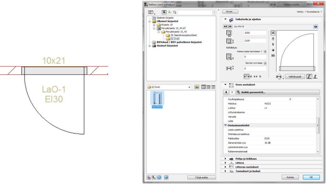 35 (44) KUVA 18. Esimerkki oven mallinnustarkkuudesta. Oven parametritietoihin on lisätty heloitus, lukitus, paloluokka ja ääneneristävyys tiedot (Kuokkanen 2016).