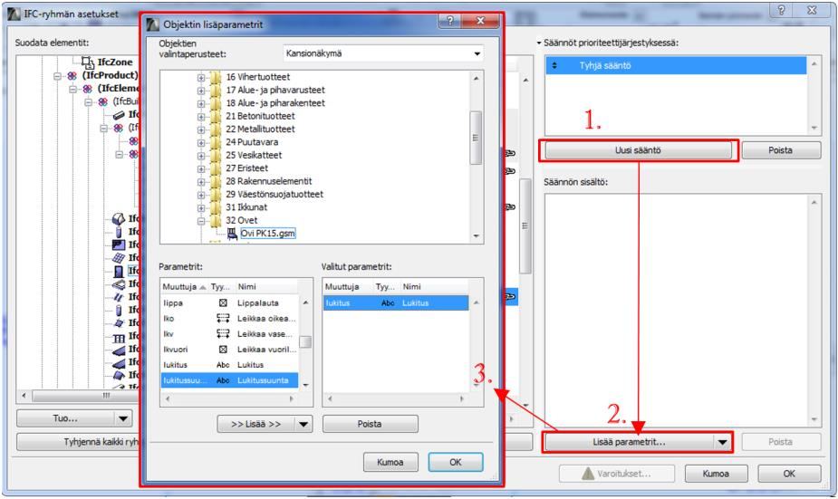 38 (44) KUVA 20. ArchiCad IFC-ryhmän asetukset (Kuokkanen 2016). Seuraavaksi lisätään uusi sääntö ja säännölle lisätään haluttu parametri kohdasta objektin parametrit (kuva 21).