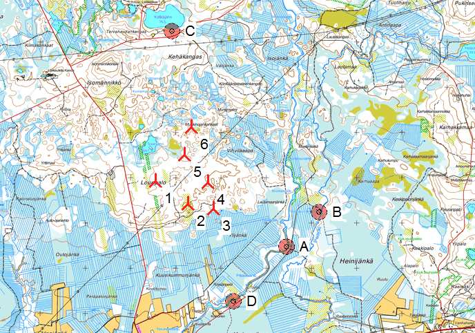 Project: Isokangas Description: Tuuliwatti Oy Ii DECIBEL - Main Result Calculation: 6 x G132 x HH164 Noise calculation model: ISO 9613-2 General Wind speed: 8,0 m/s Ground attenuation: General,