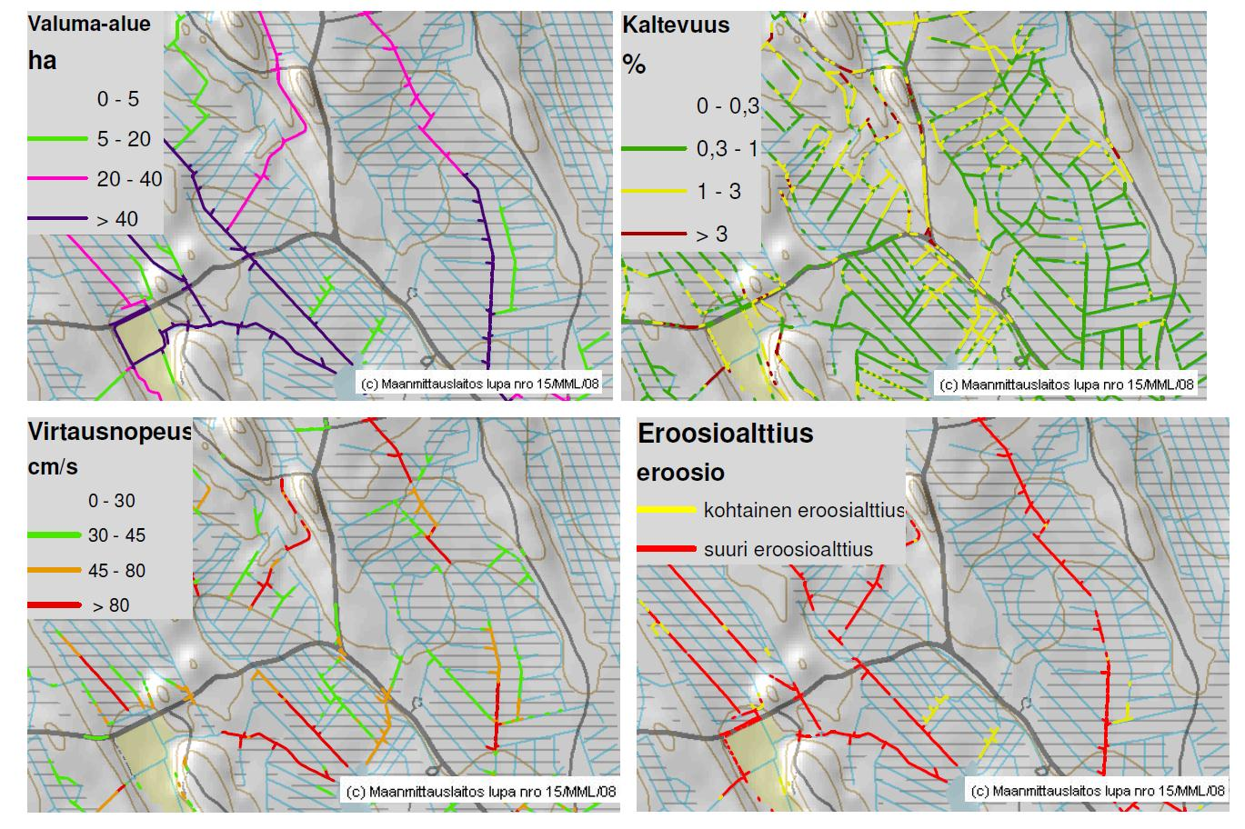 Kunnostusojitukseen saattava GIS-tieto Valuma-alueen koko Kaltevuus ojitusalueella Teoreettinen