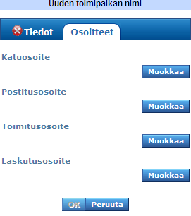 Kuva 15. Osoitteet-ikkuna. 19. Kun kaikki tiedot uuden toimipaikan luomista varten on annettu, paina lopuksi Tallennapainiketta. Uusi palveluntuottajan toimipaikka on nyt muodostettu.