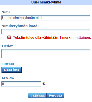 Kuva 53. Uusi nimikeryhmä ikkunan. 6. Anna palvelukokonaisuudelle Nimi. Huomioithan, että annettu nimi ei siirry tuoterekisteristä muualle järjestelmään.