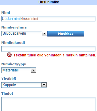 Kuva 56. Nimikeryhmähierarkia-ikkuna. Tiedot-kohtaan voi halutessaan antaa lisätietoja palvelukokonaisuudesta. Tämä kohta näkyy vain ylläpitäjälle Lisätä tai poistaa liitetiedosto ALV%:tä 6.