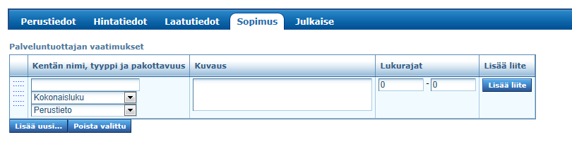 4.3.1 Sopimuskohtien muodostaminen 23. Klikkaa Sopimus-välilehteä, jolloin avautuu alla olevan kuvan 78 mukainen Sopimusikkuna. Kuva 78. Sopimus-välilehti. 24.