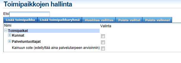 1. Toimipaikkapääryhmien ja toimipaikkojen hallinta Toimipaikkojen hallinnassa voidaan lisätä, poistaa ja muokata toimipaikkoja ja toimipaikkapääryhmiä.