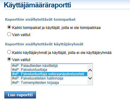 Alla on tehty esimerkki 1, jossa muodostetaan raportti. Siihen halutaan palveluntuottajat, jotka hyväksyvät veteraanipalvelusetelin. Esimerkki 1. 1. Laita Raporttiin sisällytettävät toimipaikat-otsikon alle o täppä kohtaan Kaikki toimipaikat ja käyttäjät, joilla ei ole toimipaikkaa 2.