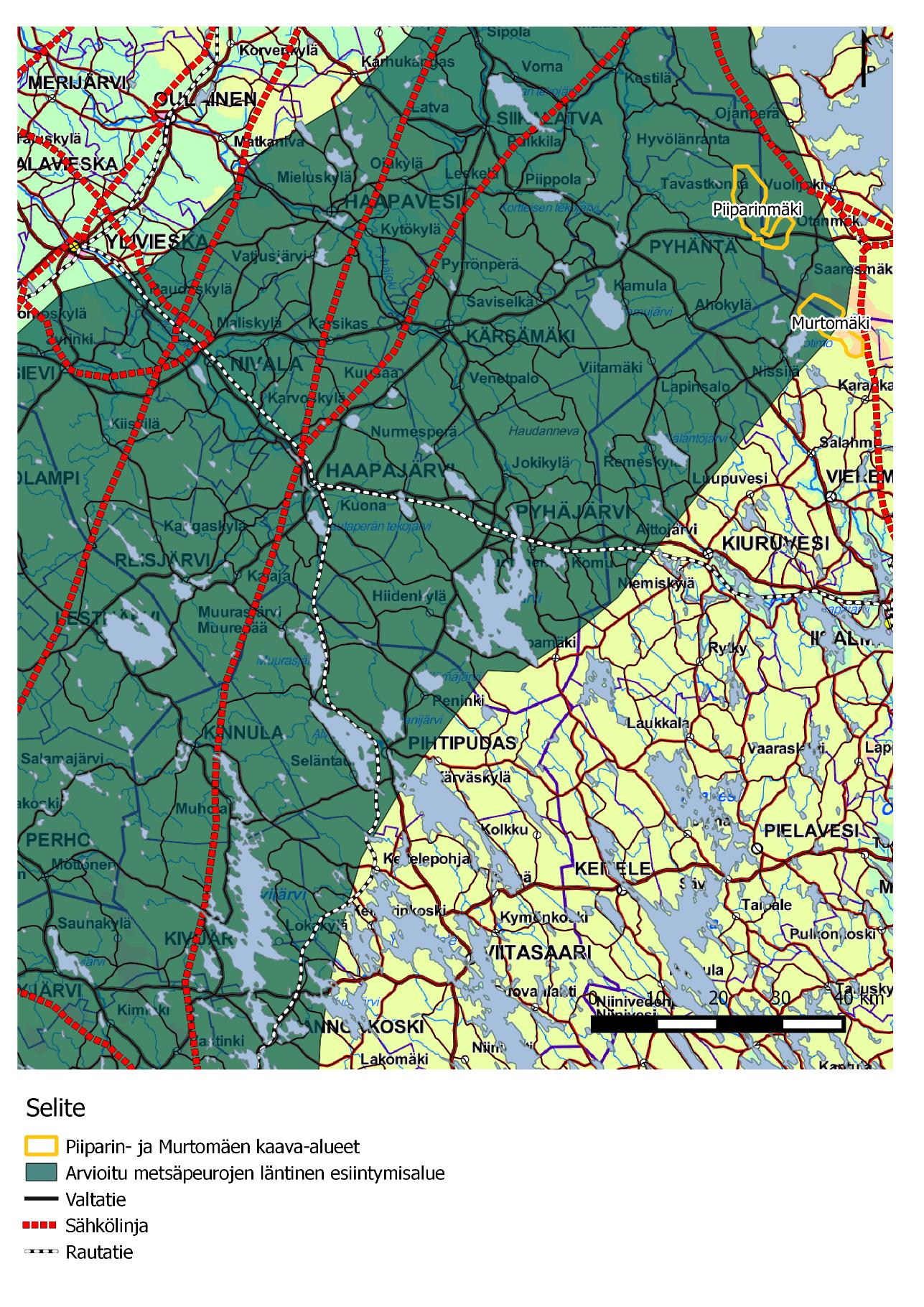 Kuva 7. Läntisen metsäpeurapopulaation esiintymisalue ja vaellusreitin kulkusuunnat Etelä- ja KeskiPohjanmaalta Pohjois-Pohjanmaalle.