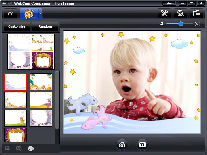 Hauska kehys 1 Kaksoisnapsauta WebCam Companion 3 -kuvaketta Windowsin työpöydällä. 2 Valitse Fun Frame (Hauska kehys).
