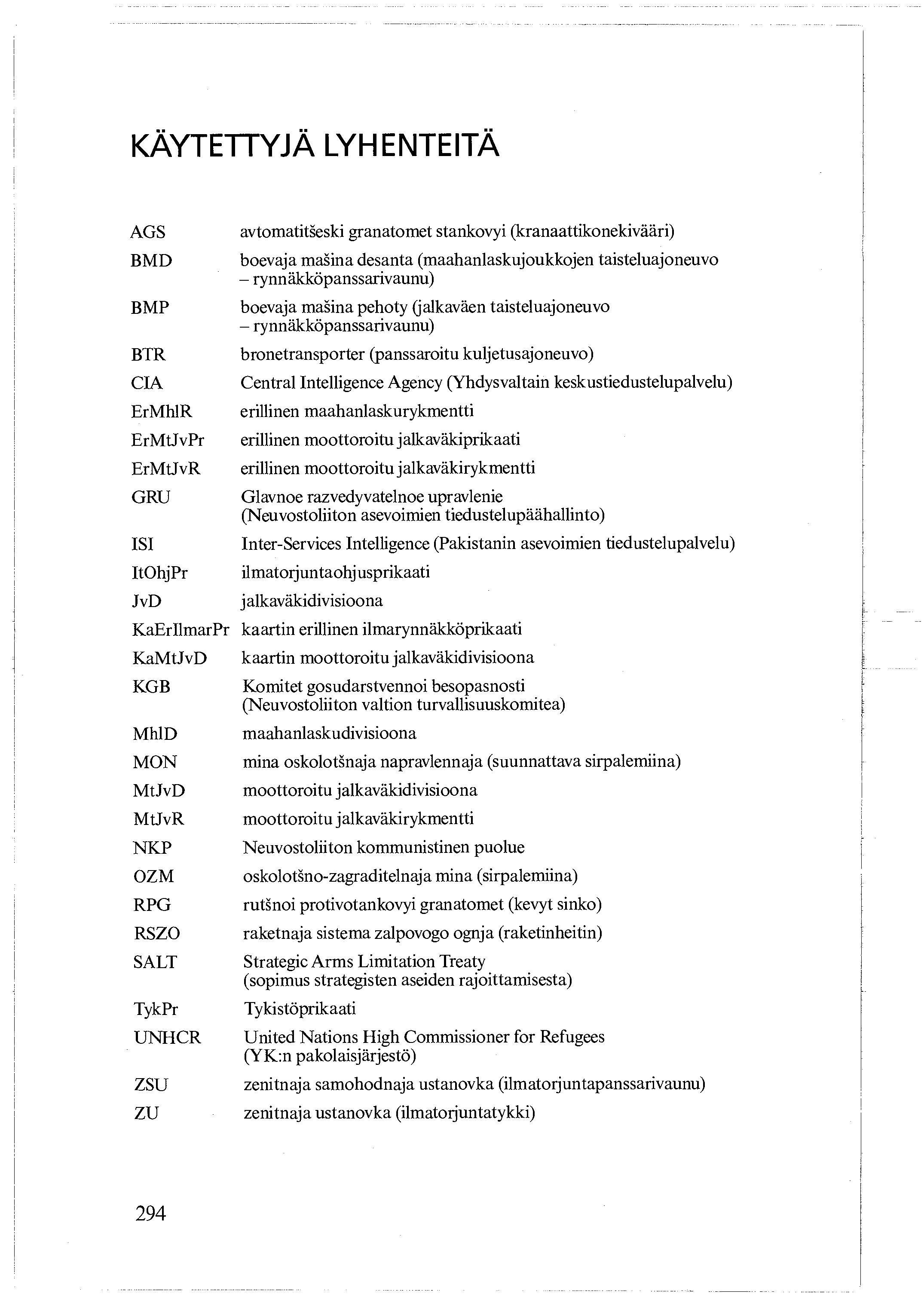 KÄYTETTYJÄ LYHENTEITÄ AGS BMD BMP BTR CIA ErMh1R ErMtJvPr ErMtJvR GRU ISI ItOhjPr JvD avtomatitgeski granatomet stankovyi (kranaattikonekivääri) boevaja magina desanta (maahanlaskujoukkojen