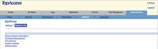Aiheeseen liittyvät linkit (Related Links) Kun napsautat [AirPrint]-valikosta [Aiheeseen liittyvät linkit (Related Links)], valikossa näytetään seuraavat linkit.