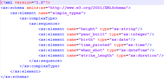 Built-in tietotyypit Xs:string Xs:integer Xs:date (YYYY-MM-DD) Xs.